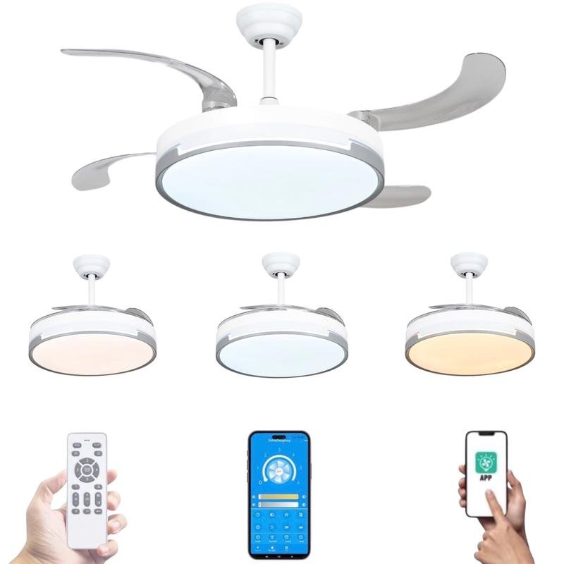 Ventilador de techo 72W con luz LED 36W+DC36W en 3 Temperaturas de Luz con Mando a Distancia -Motor DC Eficiente y Silencioso, 3 tonalidades, aspas desplegables retráctiles, 6 velocidades, control remoto, memoria, temporizador - Imagen 2